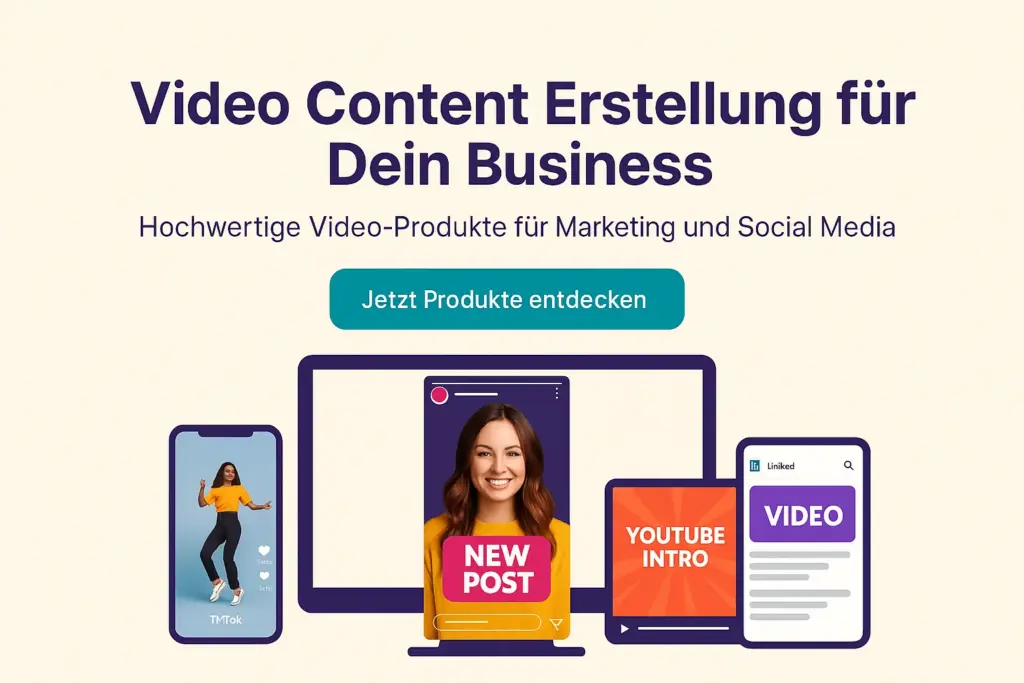 Visualisierung der Video Content Produkte – Zeigt verschiedene Social Media Video Vorlagen auf digitalen Geräten, die die Anwendung der Vorlagen für Instagram, YouTube, LinkedIn und TikTok darstellen. Der Call-to-Action-Button „Jetzt Produkte entdecken“ ist ebenfalls zu sehen.